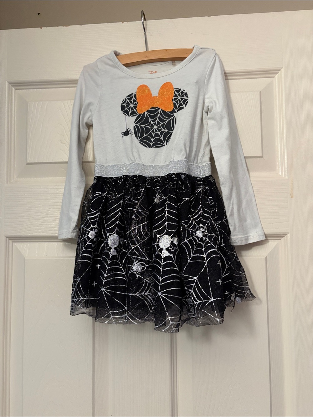 Disney White & Black Minnie Spiderweb Halloween Dress with Orange Bow